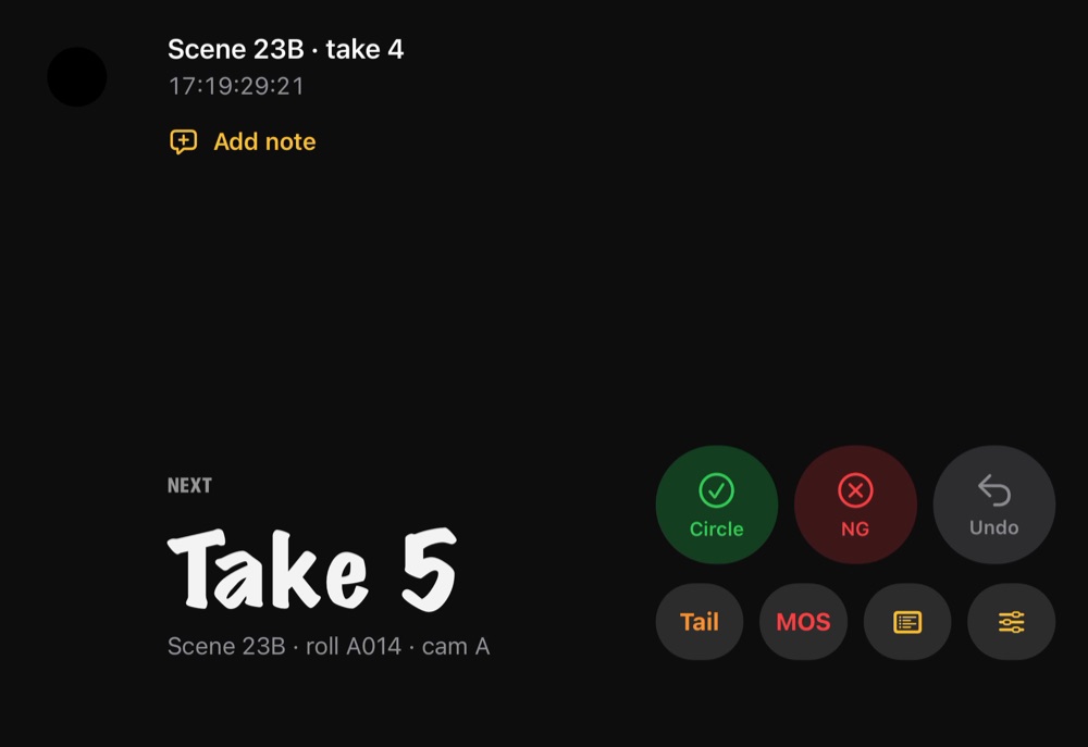 The cover screen after a clap: scene 23B take 4 logged, next take 5, with Circle, NG and Undo