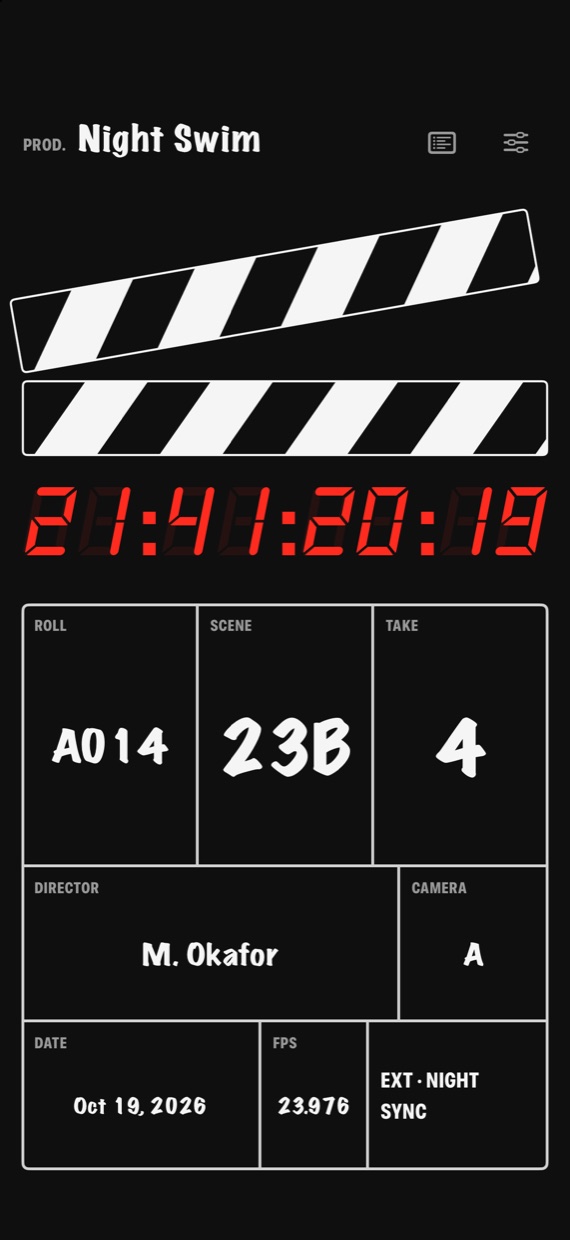 Clap on iPhone: the classic clapper with the top stick raised, the LED timecode and the board